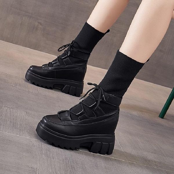

boots spring autumn slim height increasing platform wedges sewing women half mid-calf equestrian ladies sock botas 1220, Black