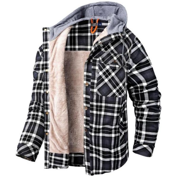 

men's casual shirts winter plaid hooded velvet thickened warm men shirt cotton loose long sleeve, White;black