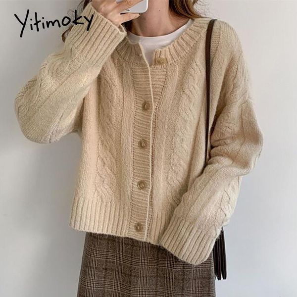 

women's knits & tees yitimoky knitted cardigan sweaters woman autumn winter 2021 vintage jacket button up o neck loose casual korean fa, White