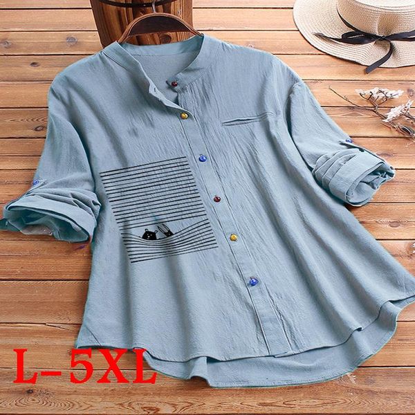 

plus size t-shirt women blouses long sleeve solid bear print cotton linen elegant blouse button stand collar fashion shirts, Black