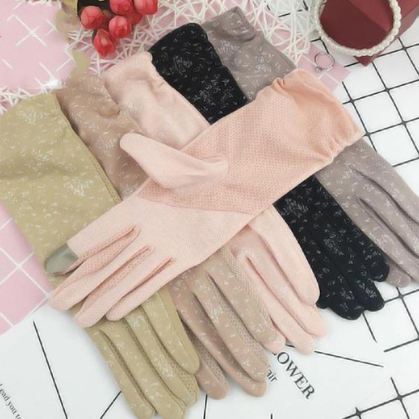 

five fingers gloves summer driving sun protection mid-long thin cotton anti-uv resistant touch screen breathable glove women girls, Blue;gray