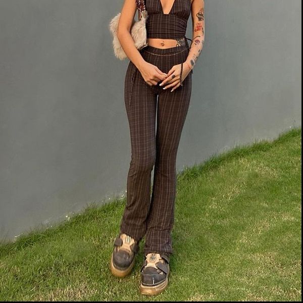 

fashion solid color lattice womens pants skinny street casual simple office high waist wide leg, Black;white