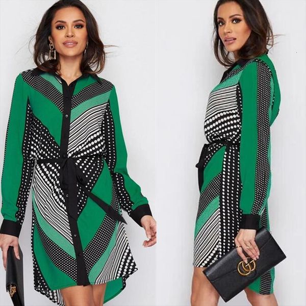 

autumn polka dot striped womens dress print mini shirt long sleeve button belt office lady dresses party elegant vestidos, Black;gray