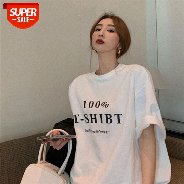 

white bottoming shirt women's mid-length western style loose brushed letter printing short-sleeved t-shirt #s78w