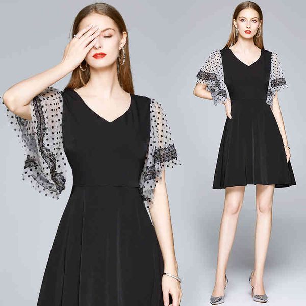 

women vintage fall female butterfly sleeve mesh dot printed patchwork casual black dress v-neck a-line mini vestidos 210416, Black;gray