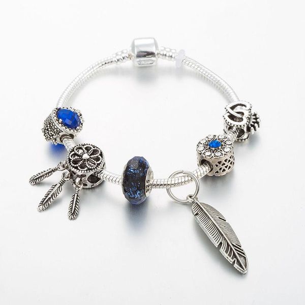 

silver plated dreamcatcher charms bracelet bangle for women blue crystal heart beads fit brand bracelets jewelry b19027 charm, Golden;silver