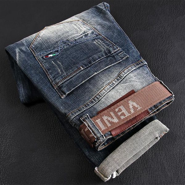 

men's jeans italian style fashion men retro blue elastic slim ripped vintage designer plain casual denim pants