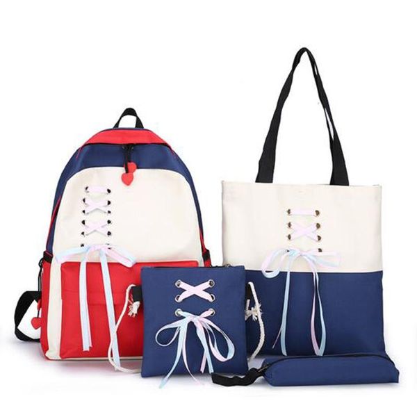 

4pcs/set women lovely school backpack canvas schoolbag for teenager girls shoulder bag pencil case mochila bags