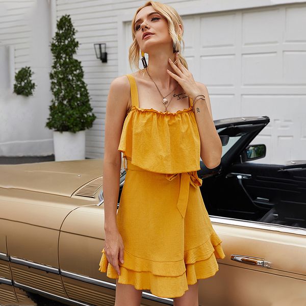 

jumpsuit sweet yellow solid summer spaghetti strap women holiday sleeveless slim ruffles ladies cotton party mini es vestidos, Black;white