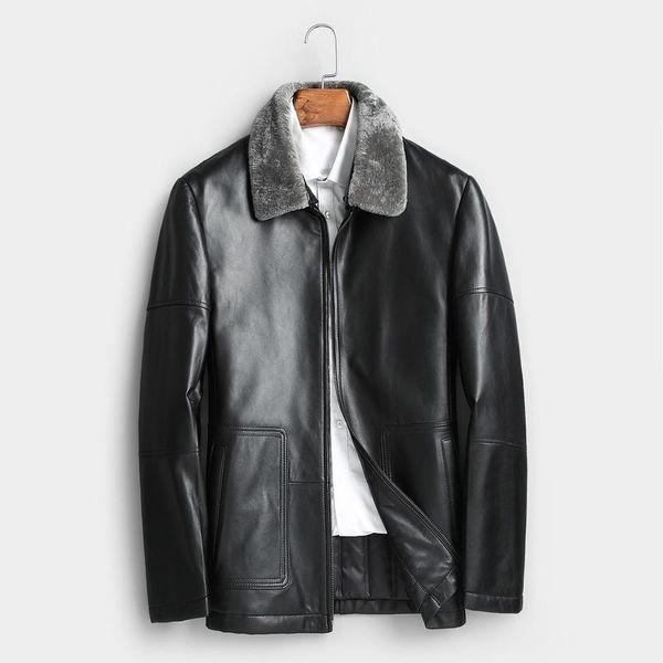 

men's leather & faux 2021 genuine jacket men autumn winter 100% real sheepskin coat parka jackets veste cuir homme 1706, Black