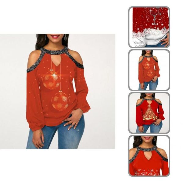 

women's blouses & shirts christmas blouse trendy double balls print xmas round neck super soft women, White
