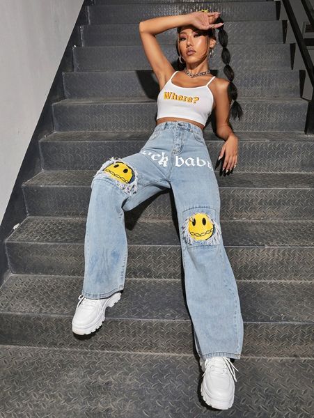 

letter & figure graphic jeans u88v#, Blue