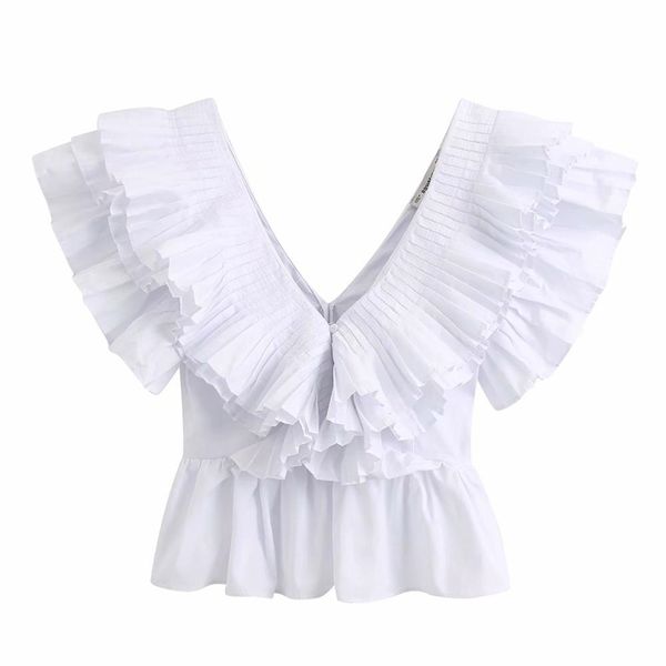

women solid v neck pleated ruffles casual white smock blouse ladies chic butterfly sleeve poplin femininas shirt ls6380 210420