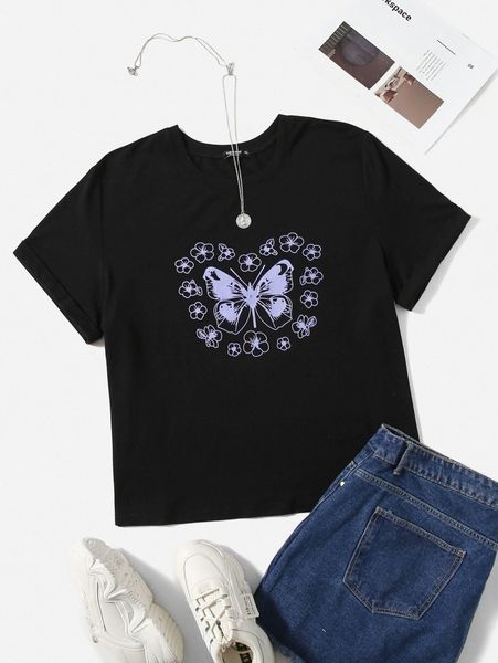 

plus floral and butterfly print tee r4ui#, Black