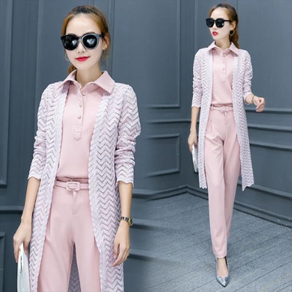 

good set 3 piece spring women tracksuits suit long sleeve lace cardigan work clothes 2 womens clothing summer, Gray