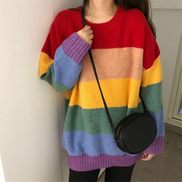 

rainbow striped autumn harajuku womens sweater jumper vintage pullovers oversize korean knitwear loose warm colorful acrylic v981, White;black