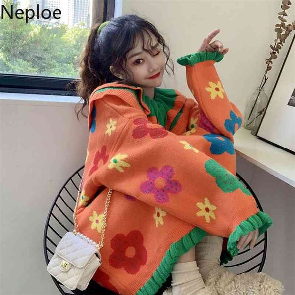 

autumn winter doll collar thicked flower print knit sweater ins conteast color patchwork long sleeve pull femme 48206 210422, White;black
