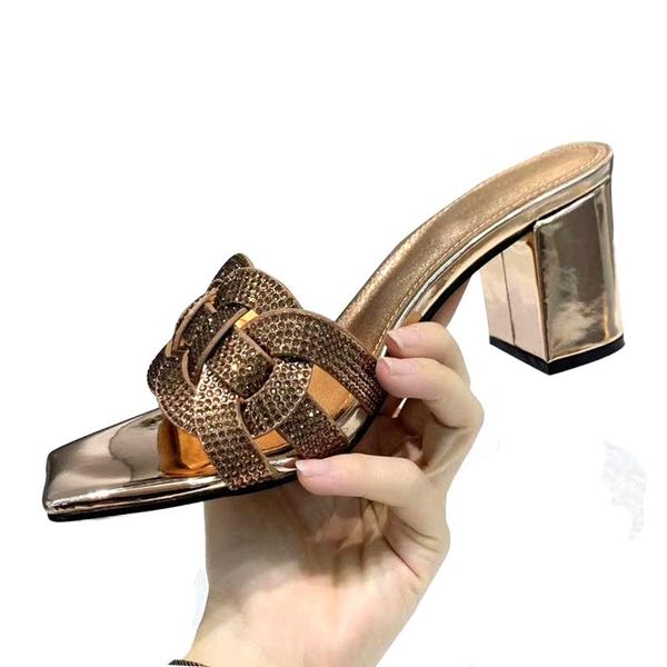 

slippers bling beading chunky high heel designer sandals women 2021 arrival summer red black gold leather shoes