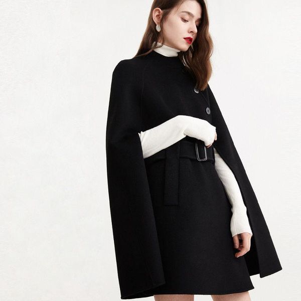 

women's wool & blends slim warm coat women long button blend and jacket adjustable waist office ladies mandarin collar coats, Black