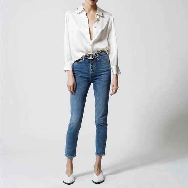 

women's jeans autumn and winter style simple metal-breasted trousers washed high-waisted slimming thin elastic women, Blue