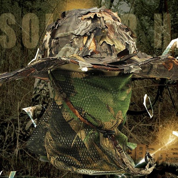 

outdoor hats camouflage hunting hat with bionic 3d real tree leaf cap fishing for outdoors, Black;white