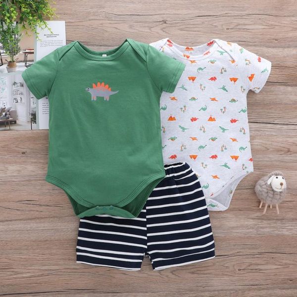 

clothing sets 3 piece/lot born baby boys girl clothes cotton infant cartoon striped printed romper jumpsuit shorts set summer costume suits, White