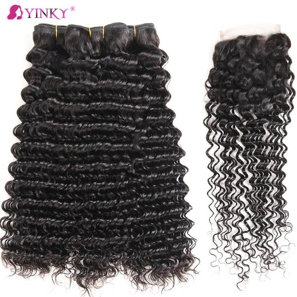 

human hair bulks brazilian deep wave 3 bundles with 4*4 lace closure remy curly, Black