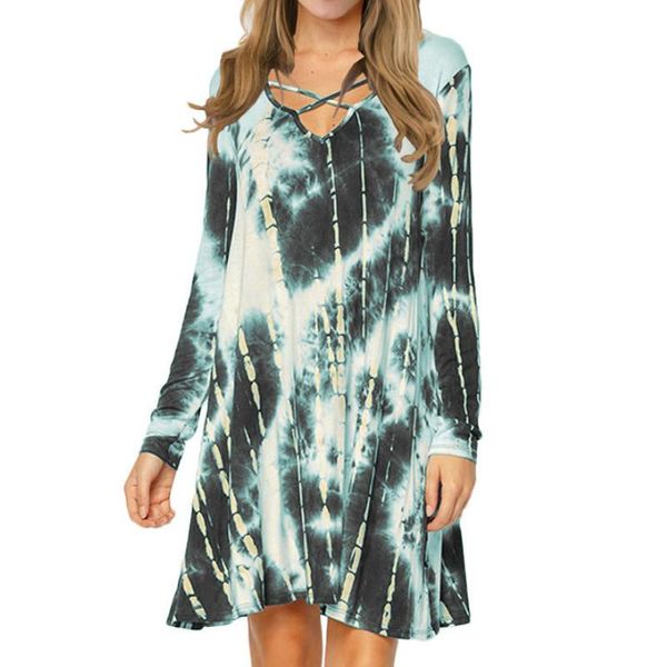 

casual dresses 3xl plus size bandage v neck loose dress women's autumn tie-dye printed leisure long sleeve fashion clothing, Black;gray