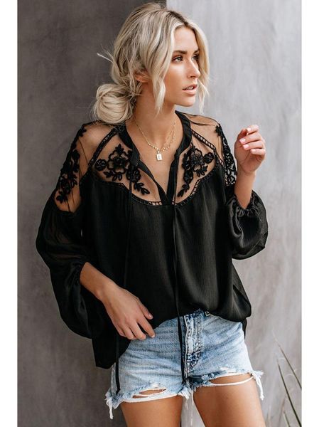 

perspective v-neck lace shirt chiffon splicing gauze loose hook flower hollow women's blouse autumn blouses & shirts, White