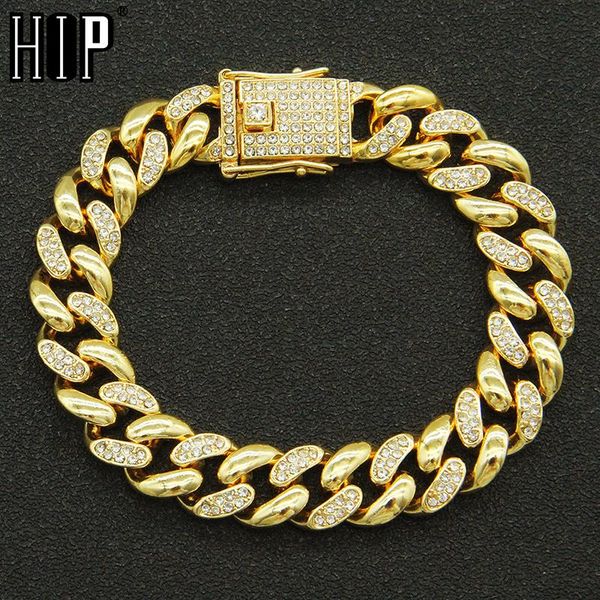 

link, chain hip hop 14mm 2 row heavy cuban prong bling iced out alloy rhinestone pave bracelet for men jewelry, Black