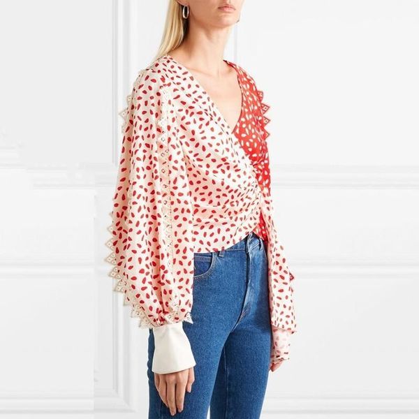 

women's polos hit colors crop blouse women v neck puff sleeve bandage female spring fashion patchwork lace print shirts, White