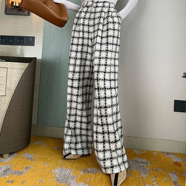 

women's pants & capris [ewq]2021 spring autumn black white checked woven tweed wide-leg women retro high waist all-mach casual trousers