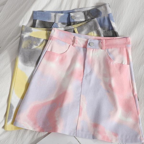 

denim short skirt women are thin, wild tie-dye bag hip spring and summer korean style high waist skirts, Black