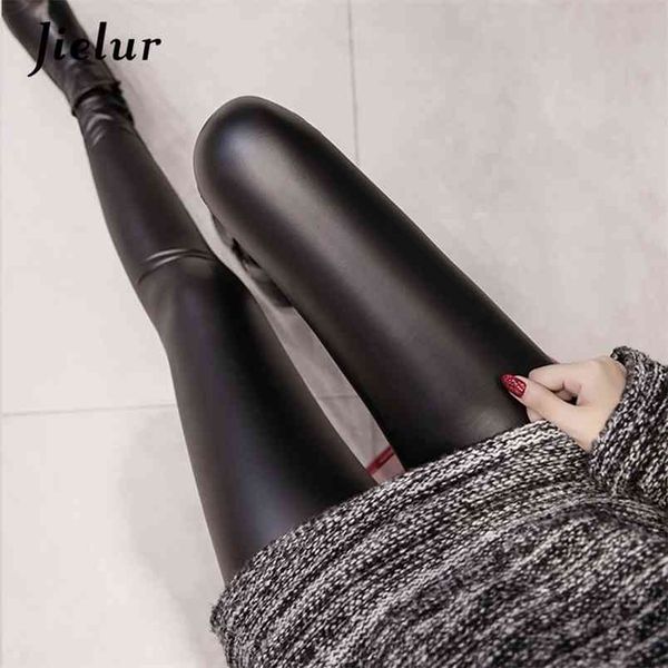 

jielur autumn pu faux leather leggings women 4 colors skinny pants female korean ladies fleece pencil high waist legging s-3xl 210913, Black