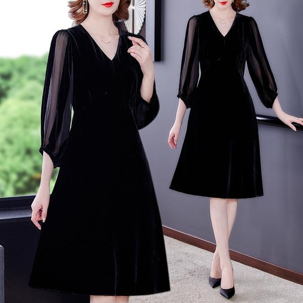 

casual dresses coigarsam women dress autumn 2022 office lady korea style long sleeve patchwork solid high waist v-neck black, Black;gray