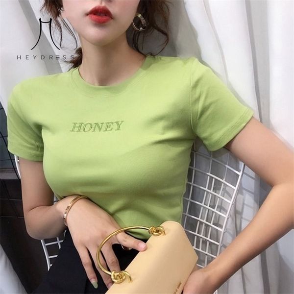 

embroidery letters slim t shirt vintage women short sleeve casual all match t-shirt ins spring summer tee 210517, White