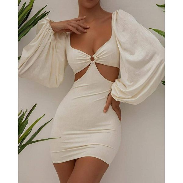 

casual dresses puff sleeve bodycon mini dress party evening autumn hollow out wrap short women solid fashion streetwear, Black;gray