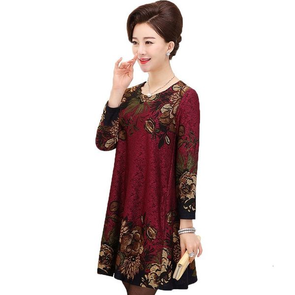 

casual dresses fashion spring autumn mini dress middle aged women elegant o-neck a-line floral print party vestidos plus size hrlo, Black;gray