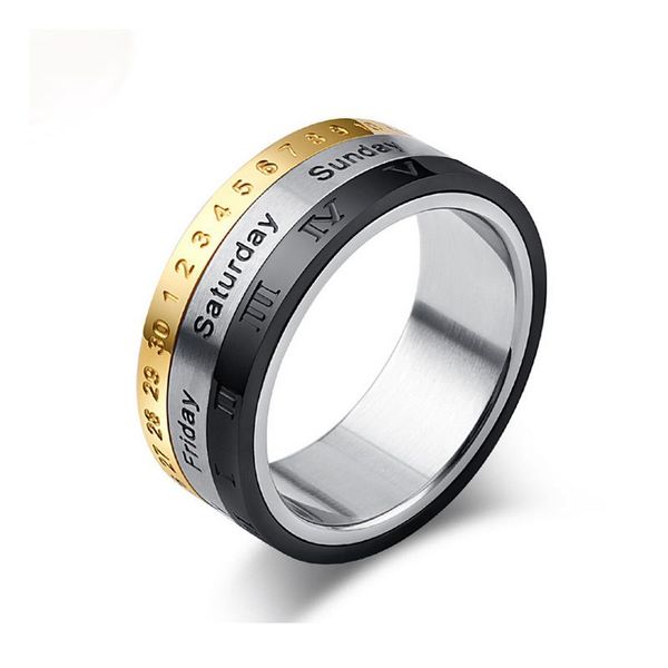 

wedding rings arrivals can choose date and week rotating for men women titanium steel jewelry three color mix ring, Slivery;golden