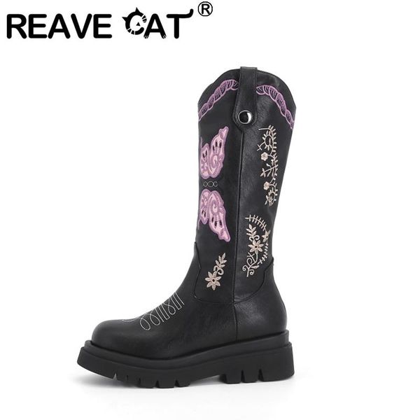 

boots reave cat female western for women autumn 2021 brand buttterfly design chunky heel slip on comfy casual shoes f1444, Black