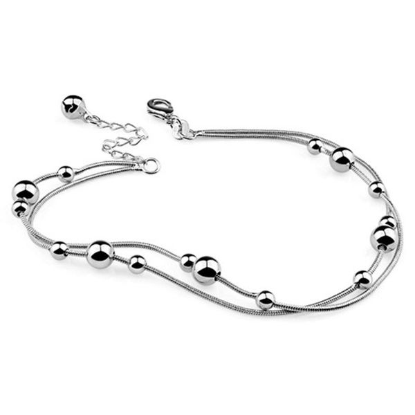 

anklets fashion contracted 925 sterling silver women anklets.solid double round bead chains.real girl, Red;blue