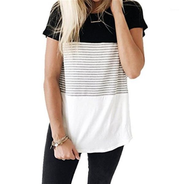 

women's t-shirt women stripe lady fashion three-color stitching short sleeve clothes summer o-neck, White