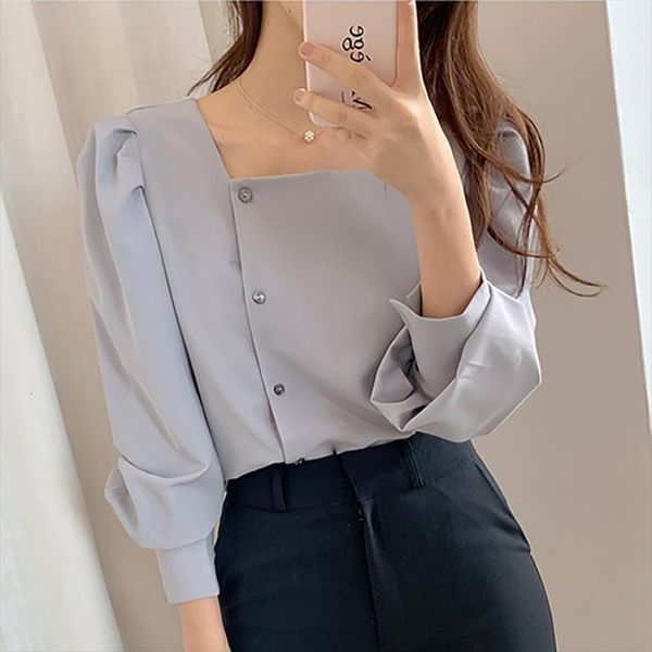 

square collar puff women blouses long sleeve button up white blue blouse office spring korean roupas feminina camisa moda