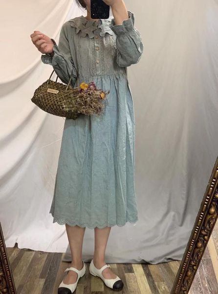 

casual dresses mori embroidery flower autumn dress women long sleeve, Black;gray