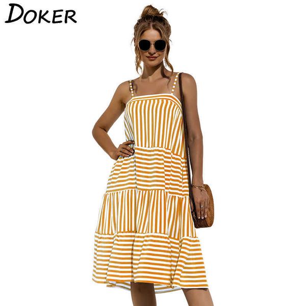 

sling striped stitching sleeveless slash neck knee-length spaghetti strap a-line dress summer loose waist pullover dress 210604, Black;gray