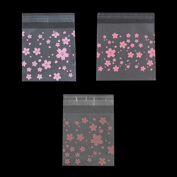 

gift wrap 100pcs/set lovely sweet pink cherry blossoms printed cookie candy bag self-adhesive plastic biscuits snack baking package 3