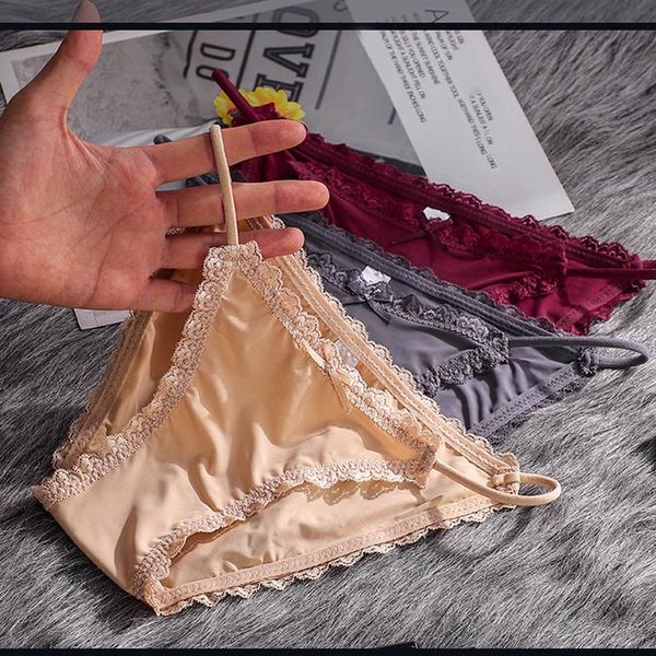 

women's panties ice silk soft comfortable briefs low-waisted thin lace pure cotton crotch underwear lingerie underpant, Black;pink