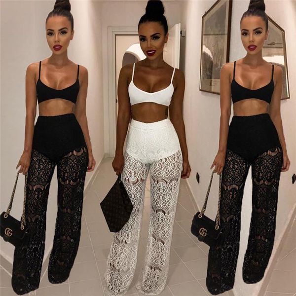 

women's two piece pants women 2pcs see through solid tank lace sleeveless summer autumn casaul romper set, White