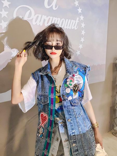 

women's vests european summer cartoon chic heavy industry loose denim sleeveless jacket women fashion streetwear 2021, Black;white