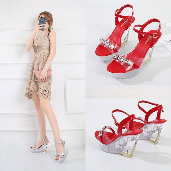 

sandals fashion summer wedges platform transparent women peep toe high heels shoes female show steel pipe dancing 34-431, Black